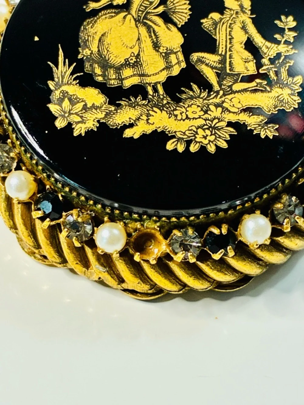 VTG Original By Robert Black and Gold Enamel Brooch with Pearls Courting Scene